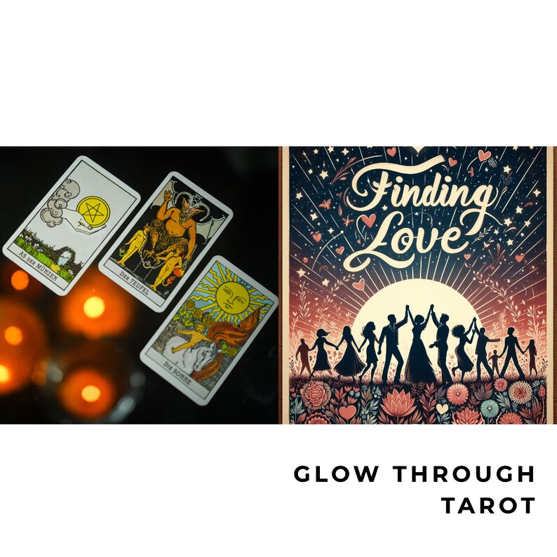 Op de afbeelding: Afbeelding met drie tarotkaarten met Duitse tekst en een poster met de woorden "Finding Love". De tarotkaarten liggen op een donkere ondergrond met vage oranje lichten. De poster toont silhouetten van mensen die elkaars hand vasthouden onder een zon.