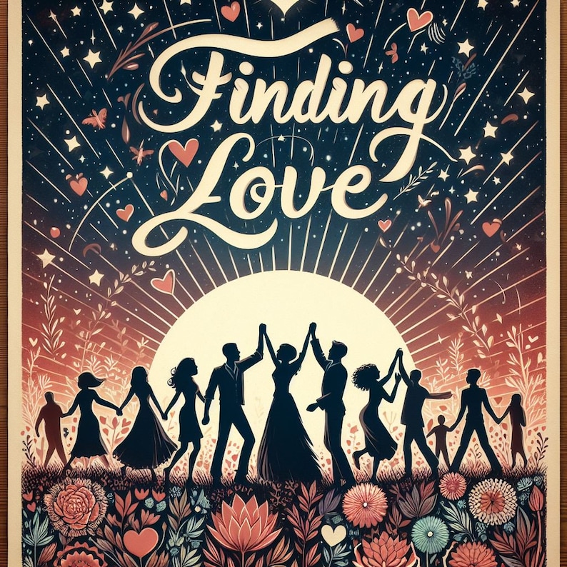 Op de afbeelding: Een vintage poster met de woorden "Finding Love". De afbeelding toont silhouetten van mensen die elkaars hand vasthouden, een bloemenrand, harten, sterren en een stralende zonsondergang. Romantisch thema.
