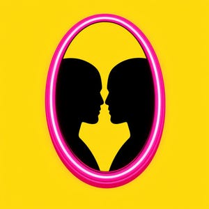 May include: A graphic illustration featuring two black silhouettes facing each other within a pink and white oval frame. The background is a solid yellow. The image evokes themes of connection and relationships.