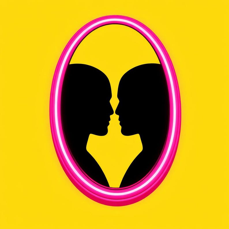 Op de afbeelding: Een grafische illustratie met twee zwarte silhouetten die elkaar aankijken in een roze en witte ovale lijst. De achtergrond is effen geel. De afbeelding roept thema's op als verbinding en relaties.
