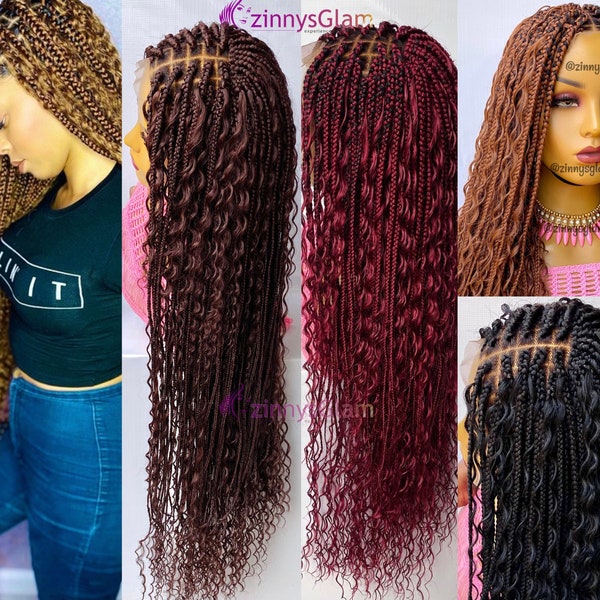 Ready to Ship Bohemian Box Braided wig for black women full lace front wig boho braid goddess faux loc dreads passion twist wig curly hair