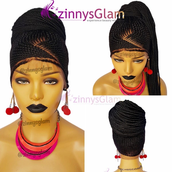 Updo braid wig for black women high bun ponytail box braids full lace wig 360 frontal human hair wig cornrow headband wig faux loc dreadlock