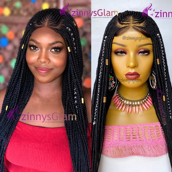 Ready to ship Fulani cornrow Ghana weaving handmade braided wig for black women closure wig lace front glueless knotless braid hairstyles