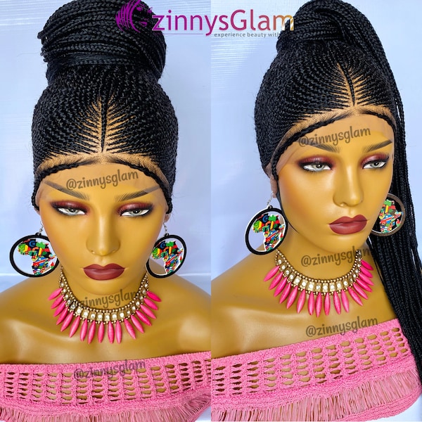 Updo Braided wig for black women Fulani cornrow wig ghana weaving ponytail wig knotless box braid handmade full lace front wig headband wig