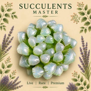 May include: A close-up of a succulent plant with translucent, light green leaves. The image has text that reads "SUCCULENTS MASTER" and "Live | Rare | Premium". The background is a light beige color with floral illustrations.