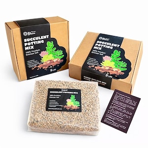 May include: Three boxes and a bag of succulent potting mix. The boxes are brown with black labels that read "Succulent Potting Mix" and "5 LBS". The bag contains granular soil. A small instruction card is also included.