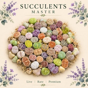 May include: A collection of colorful succulents, including green, purple, orange, and brown varieties, arranged on a bed of moss. The image features the text "SUCCULENTS MASTER" and the words "Live | Rare | Premium". Lavender sprigs frame the arrangement.