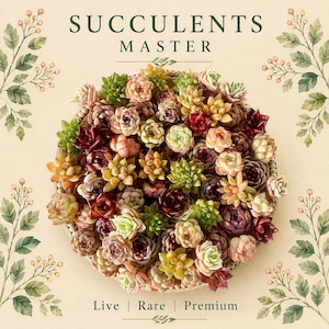 May include: A circular arrangement of various succulents in shades of green, red, and yellow, presented in a woven basket. The text "SUCCULENTS MASTER" is at the top, with "Live | Rare | Premium" at the bottom. Watercolor leaves frame the arrangement.