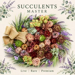 May include: A circular arrangement of succulents in various colors, including green, red, and purple, with a burlap bow. The text "SUCCULENTS MASTER" is at the top, and "Live | Rare | Premium" is at the bottom. Lavender and greenery surround the arrangement.