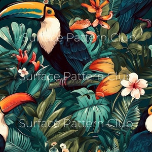 May include: A seamless pattern featuring toucans, tropical flowers, and lush green foliage. The toucans have bright orange beaks and black and white bodies. The flowers are orange, red, and white. The foliage is a deep green.