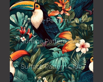 Colourful Toucan Jungle | Surface Pattern Digital Download | For textiles, crafting, fashion, print on demand