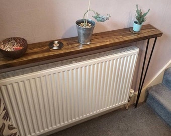 Rustic Console/Radiator/Hallway Table 15cm wide, Reclaimed scaffold boards, Black 3-Rod steel hairpin legs with feet pads