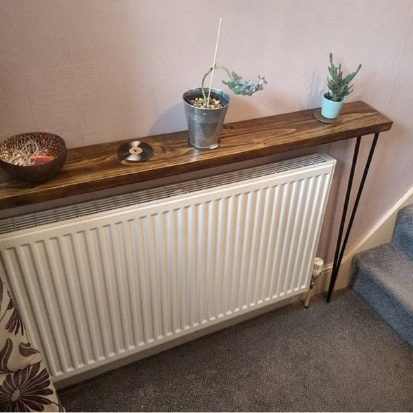 Rustic Console/Radiator/Hallway Table 15cm wide, Reclaimed scaffold boards, Black 3-Rod steel hairpin legs with feet pads