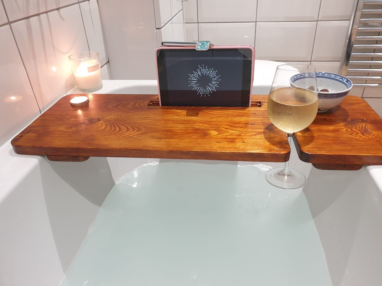 Wood Bath Caddy Wine Accessory Holder Over The Bathtub Tray Thoughtful Gift For Wife Wooden Bath Board Handcrafted Reclaimed Wood