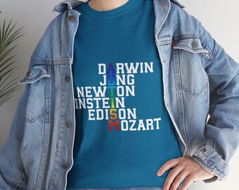 May include: A teal blue t-shirt with a white design that spells out the word "AUTISM" using the names of famous people, including Darwin, Jung, Newton, Einstein, Edison, and Mozart.