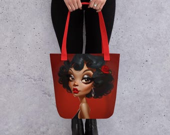 May include: Red tote bag with a cartoon illustration of a woman with black hair and a red rose behind her ear. The woman is wearing a black dress and has large eyes and red lips.