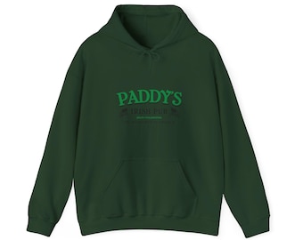 May include: A dark green hoodie with a white pocket and the text "Paddy's Irish Pub" in green.