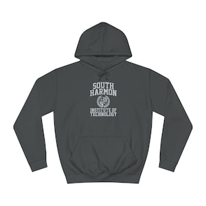 Puede incluir: Una sudadera con capucha gris oscuro con el texto "South Harmon Institute of Technology" en letras blancas.