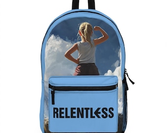 May include: A light blue backpack with a black zipper pocket and a black handle. The backpack features an image of a person flexing their arm against a cloudy sky. The word "RELENTLESS" is printed in white on the front.