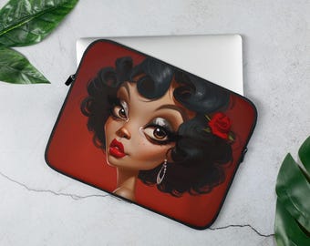 May include: Laptop sleeve featuring a digital illustration of a woman with red lipstick and a red rose behind her ear. The background is red.