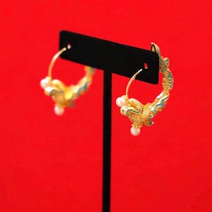 24K Gold Plated Dragon Pearl Earrings, Antique Chinese Dangle Style Handcrafted Gilded Gemstone