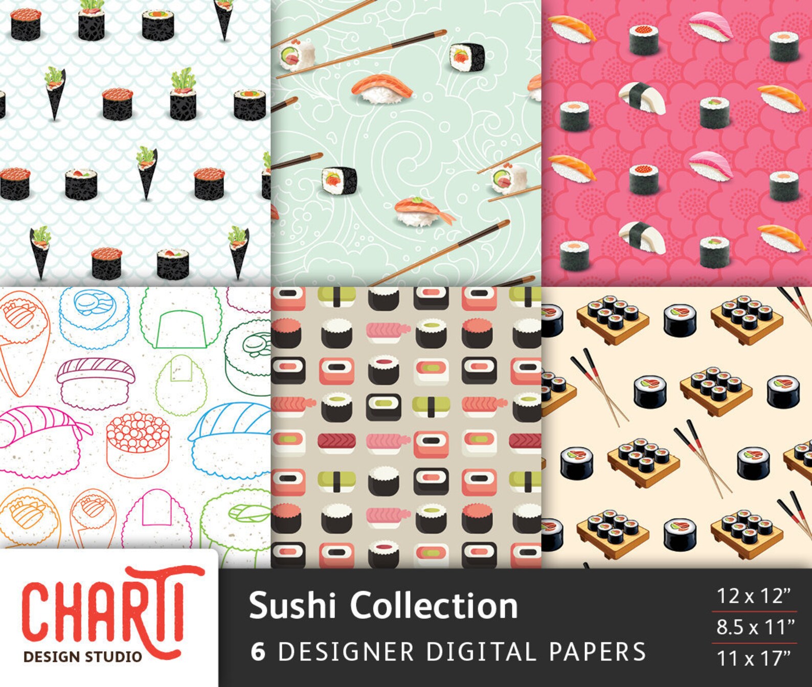 Sushi Collection Digital paper printables | Etsy