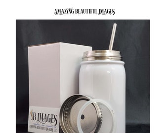 17 oz Mason Jar White STRAIGHT Sublimation Blank Tumbler, Stainless Steel Straw and With or Without Shrink Wrap, RTS