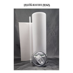 20 oz STRAIGHT White Skinny Blank Sublimation, Slider Lid, Straw, with or w/out Shrink Wrap, RTS, Sublimate Blank Tumblers, Bulk Tumblers