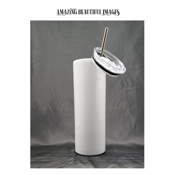 20 oz STRAIGHT White Skinny Blank Sublimation, Slider Lid, Straw, with or w/out Shrink Wrap, RTS, Sublimate Blank Tumblers, Bulk Tumblers