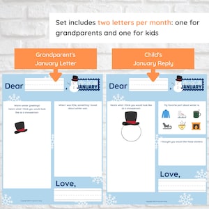 May include: A printable letter template for grandparents and children to write to each other during the month of January. The template features a snowman and the word "January" in a blue and white color scheme.