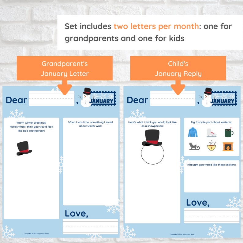 May include: A printable letter template for grandparents and children to write to each other during the month of January. The template features a snowman and the word "January" in a blue and white color scheme.