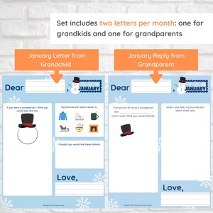 May include: Two printable letter templates for grandparents and grandchildren. The blue and white templates feature a snowman and the word "January". The left template has a snowman with a hat and a space for a drawing. The right template has a space for a drawing and the text "When I was little, my favorite part about winter was".