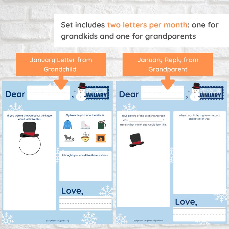May include: Two printable letter templates for grandparents and grandchildren. The blue and white templates feature a snowman and the word "January". The left template has a snowman with a hat and a space for a drawing. The right template has a space for a drawing and the text "When I was little, my favorite part about winter was".