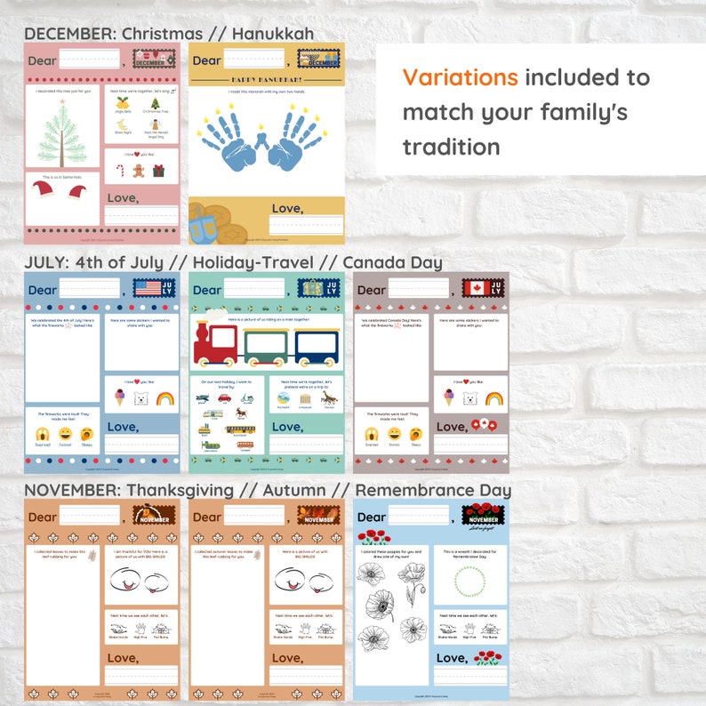 May include: A printable set of activity sheets for children to complete with their parents. The sheets feature different holidays and themes, including Christmas, Hanukkah, 4th of July, Thanksgiving, and Remembrance Day. Each sheet includes a drawing prompt, a space for a letter to a loved one, and a place to write "Love,".
