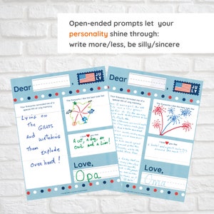 May include: Two blue and white cards with red and white stars and stripes. The cards are for writing a letter to someone special. The cards have the text "Dear" and "Love," and a space for a drawing. The text "Your fireworks reminded me of a special 4th of July memory" is on the left card. The text "The fireworks I like the best look like" is on the right card. The text "Lying on the grass and watching them explode over head!" is on the left card. The text "I love you like a cat, a dog, an owl and a lion!" is on the left card. The text "I love you like a bushel and a speck hug around the neck!!!" is on the right card. The text "Love, Opa" is on the left card. The text "Love, Oma" is on the right card.
