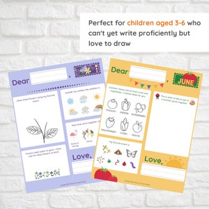 May include: Two printable activity sheets for children. The first sheet is purple and features a drawing of a plant and a weather forecast. The second sheet is yellow and features a drawing of a tomato and a list of summer fruits and vegetables. Both sheets have the word "Dear" at the top and "Love," at the bottom.