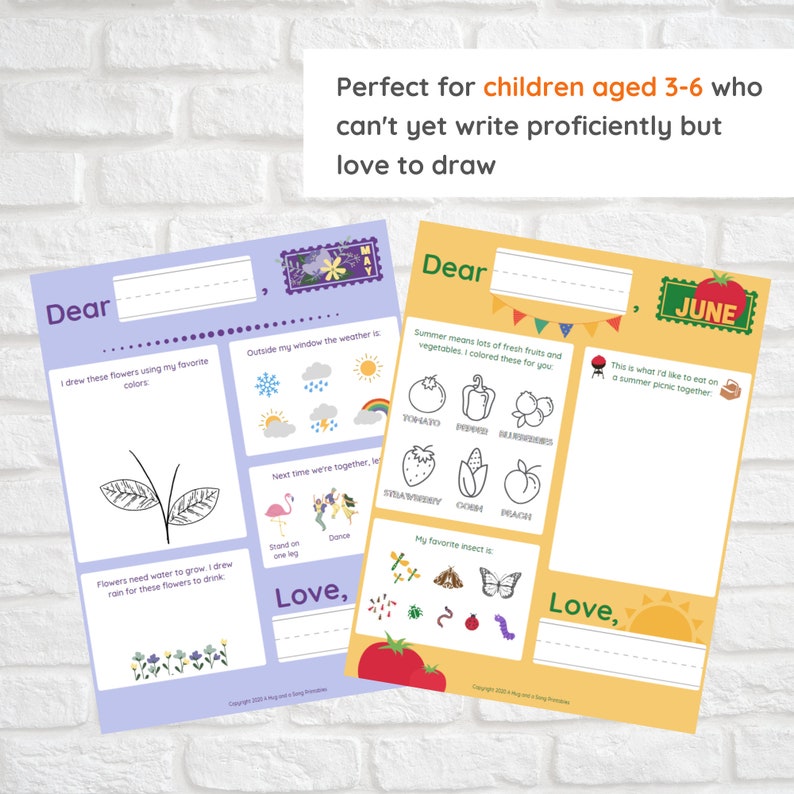 May include: Two printable activity sheets for children. The first sheet is purple and features a drawing of a plant and a weather forecast. The second sheet is yellow and features a drawing of a tomato and a list of summer fruits and vegetables. Both sheets have the word "Dear" at the top and "Love," at the bottom.