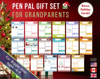 Pen Pal Christmas Gift for Grandparents | 12-Month Set of Snail Mail Letter Templates for Bigger Kids + Grandma + Grandpa | PDF Printable