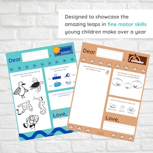 May include: Two printable activity sheets for children, one with a blue and white ocean theme and the other with a brown and orange fall theme. The August sheet has a seagull, turtle, stingray, seahorse, and fish to color. The November sheet has a picture of two smiling faces and instructions to shake hands, high five, and fist bump.
