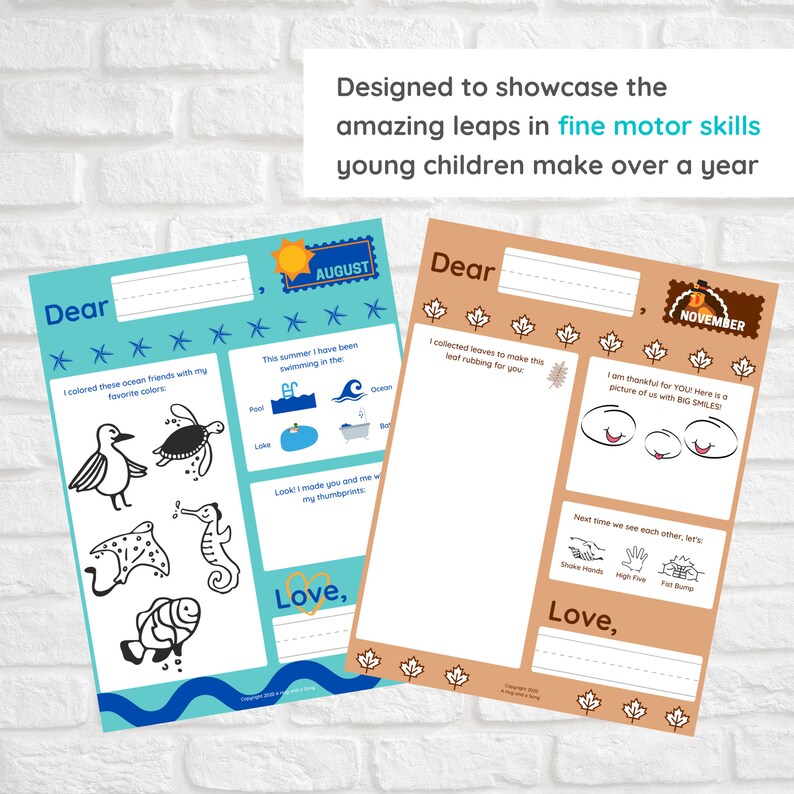 May include: Two printable activity sheets for children, one with a blue and white ocean theme and the other with a brown and orange fall theme. The August sheet has a seagull, turtle, stingray, seahorse, and fish to color. The November sheet has a picture of two smiling faces and instructions to shake hands, high five, and fist bump.