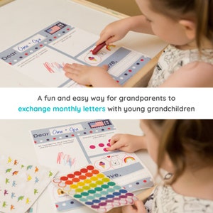 May include: A child is writing a letter to their grandparents using a colorful letter template with stickers. The letter template has a space for a drawing, a section for writing, and a space for stickers. The child is using a red crayon to color in a drawing of an ice cream cone. The letter template has the text "Dear Oma + Opa" at the top.
