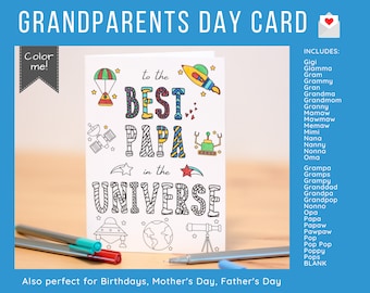Puede incluir: Una tarjeta para colorear imprimible que dice "Al mejor papá del universo". La tarjeta presenta una variedad de ilustraciones con temática espacial, incluyendo un cohete, un satélite, un OVNI, un telescopio y estrellas. La tarjeta es perfecta para el día de los abuelos, cumpleaños, día de la madre o día del padre.