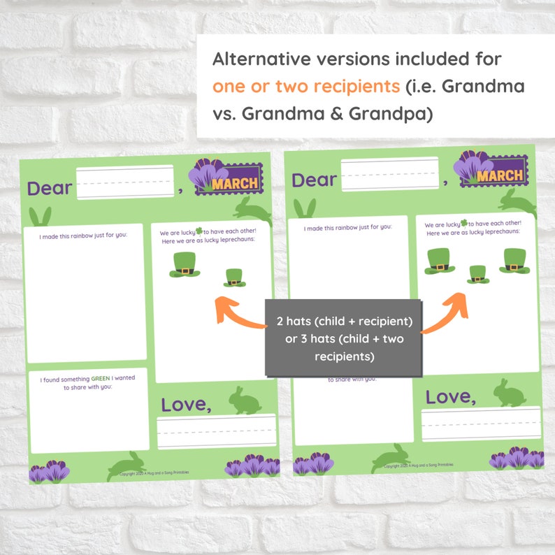 May include: Printable St. Patrick's Day card template with a green background, a rainbow, and a leprechaun hat. The card says "Dear" and "Love," and has space for a child to write a message. The card includes two versions, one with two leprechaun hats and one with three leprechaun hats.