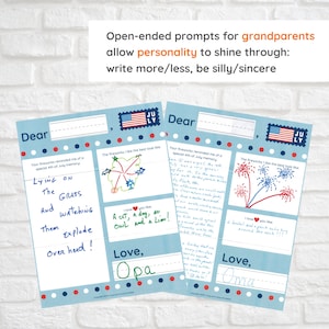 May include: Two blue and white cards with red, white, and blue stars and stripes. The cards are for grandparents and have prompts for writing a message about fireworks. The cards have the text "Dear" and "Love," and the text "July" in a red, white, and blue flag. The cards have hand-drawn images of fireworks and a cat, dog, owl, and a lime.