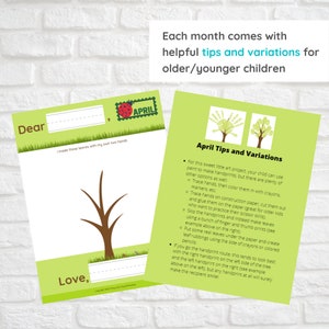May include: Printable craft activity for kids to make a handprint tree. The instructions include tips and variations for older and younger children. The text reads "Dear, I made these leaves with my own two hands. Love," and "April Tips and Variations".