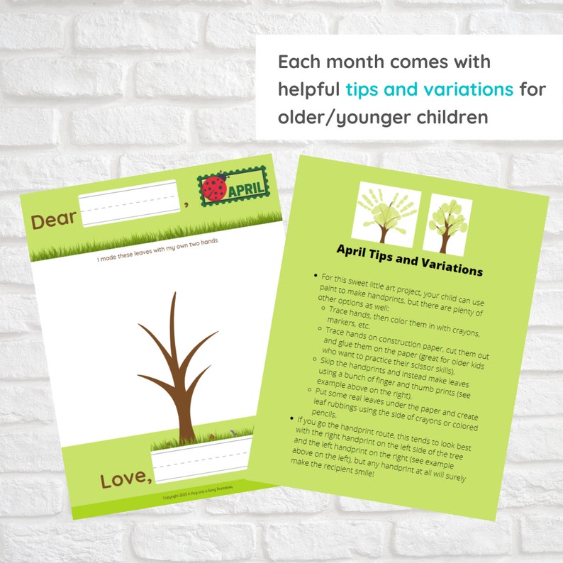 May include: Printable craft activity for kids to make a handprint tree. The instructions include tips and variations for older and younger children. The text reads "Dear, I made these leaves with my own two hands. Love," and "April Tips and Variations".