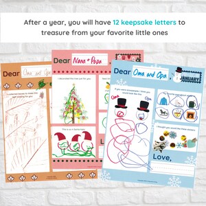 May include: Three printable letter templates for children to color and write to their grandparents. The templates feature a Christmas tree, a snowman, and a winter scene. The text on the templates reads "Dear Nana + Papa", "Dear Oma and Opa", and "Dear Oma and Opa".