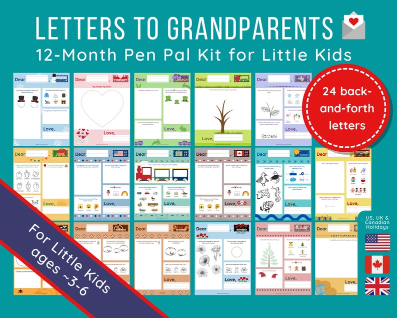 May include: A colorful printable pen pal kit for kids to write letters to their grandparents. The kit includes 12 different letters, one for each month of the year, with illustrations and prompts for kids to fill in. The kit is designed for children ages 3-6 and includes US, UK, and Canadian holidays.