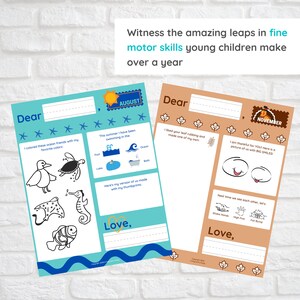 May include: Two printable activity sheets for children. The first sheet is blue and features a sea theme with a seagull, turtle, stingray, seahorse, and fish. The second sheet is brown and features a fall theme with a turkey, leaves, and a handprint. Both sheets have the text "Dear" and "Love," and the months "August" and "November."
