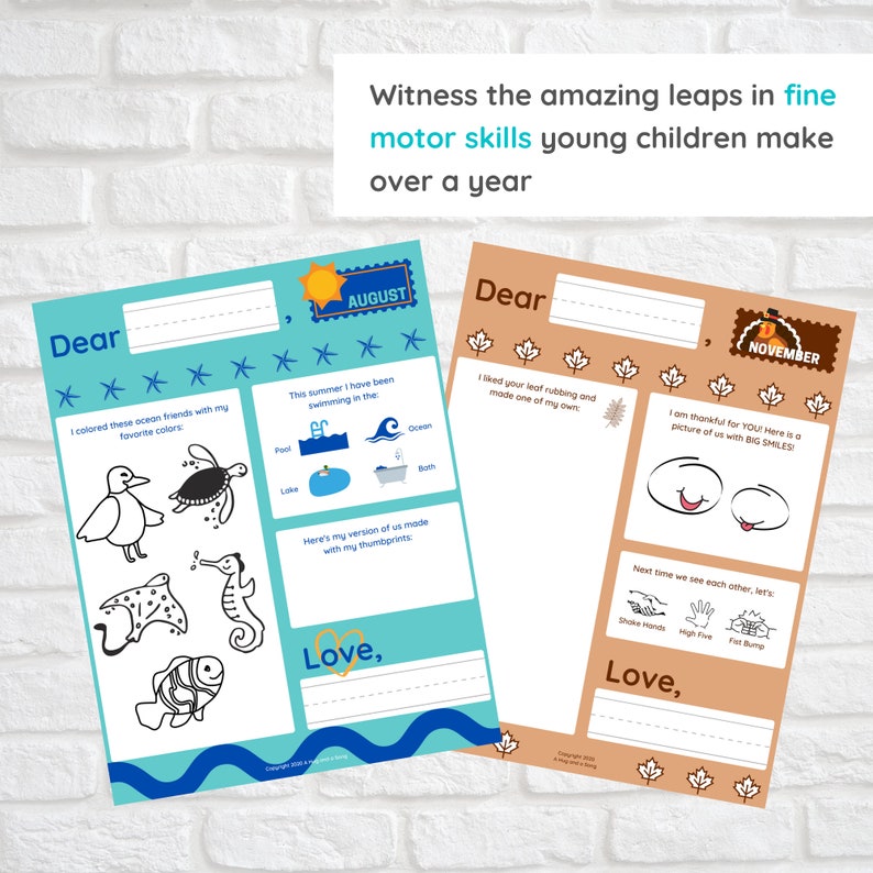 May include: Two printable activity sheets for children. The first sheet is blue and features a sea theme with a seagull, turtle, stingray, seahorse, and fish. The second sheet is brown and features a fall theme with a turkey, leaves, and a handprint. Both sheets have the text "Dear" and "Love," and the months "August" and "November."